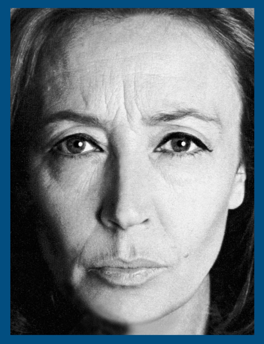 2004, l'immagine della scrittrice Oriana Fallaci che illustra il retro di copertina del suo libro "La forza della ragione”
